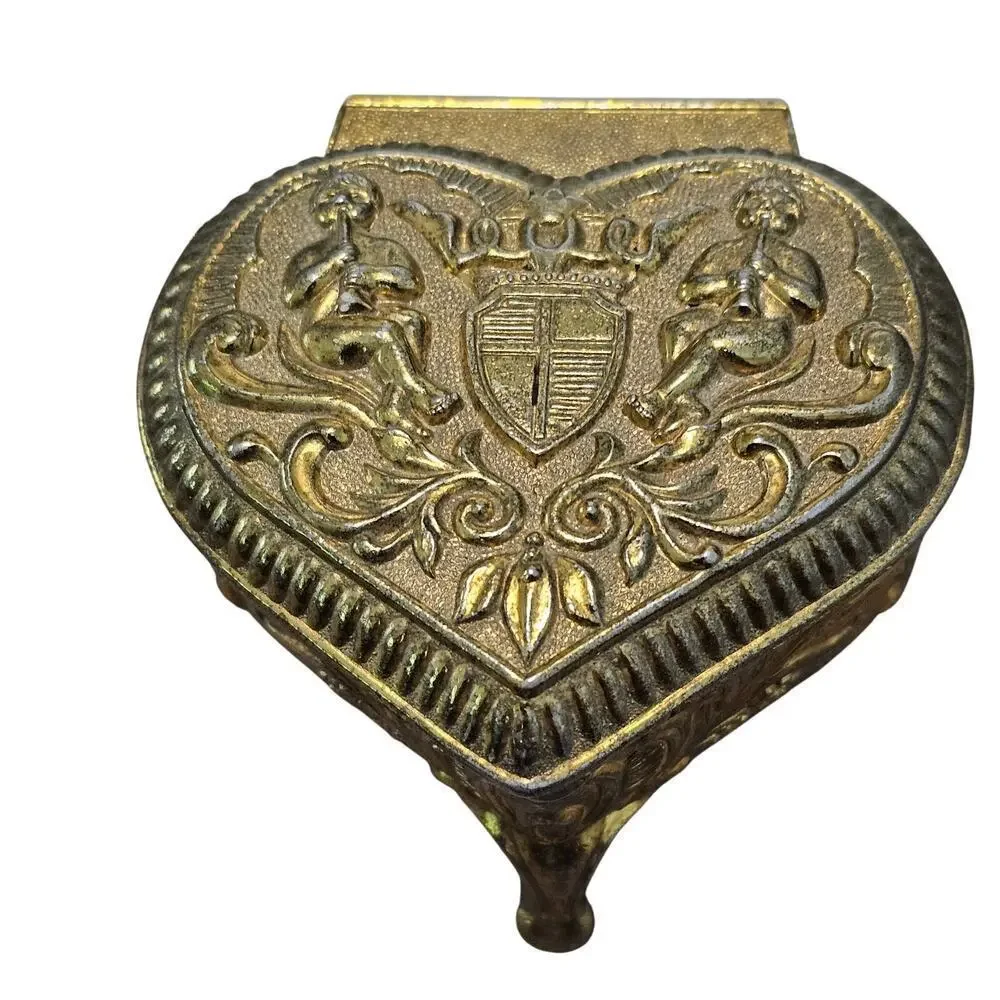 Vintage Gold Metal Heart Trinket Jewelry Box Cherub Velvet Japan Renaissance